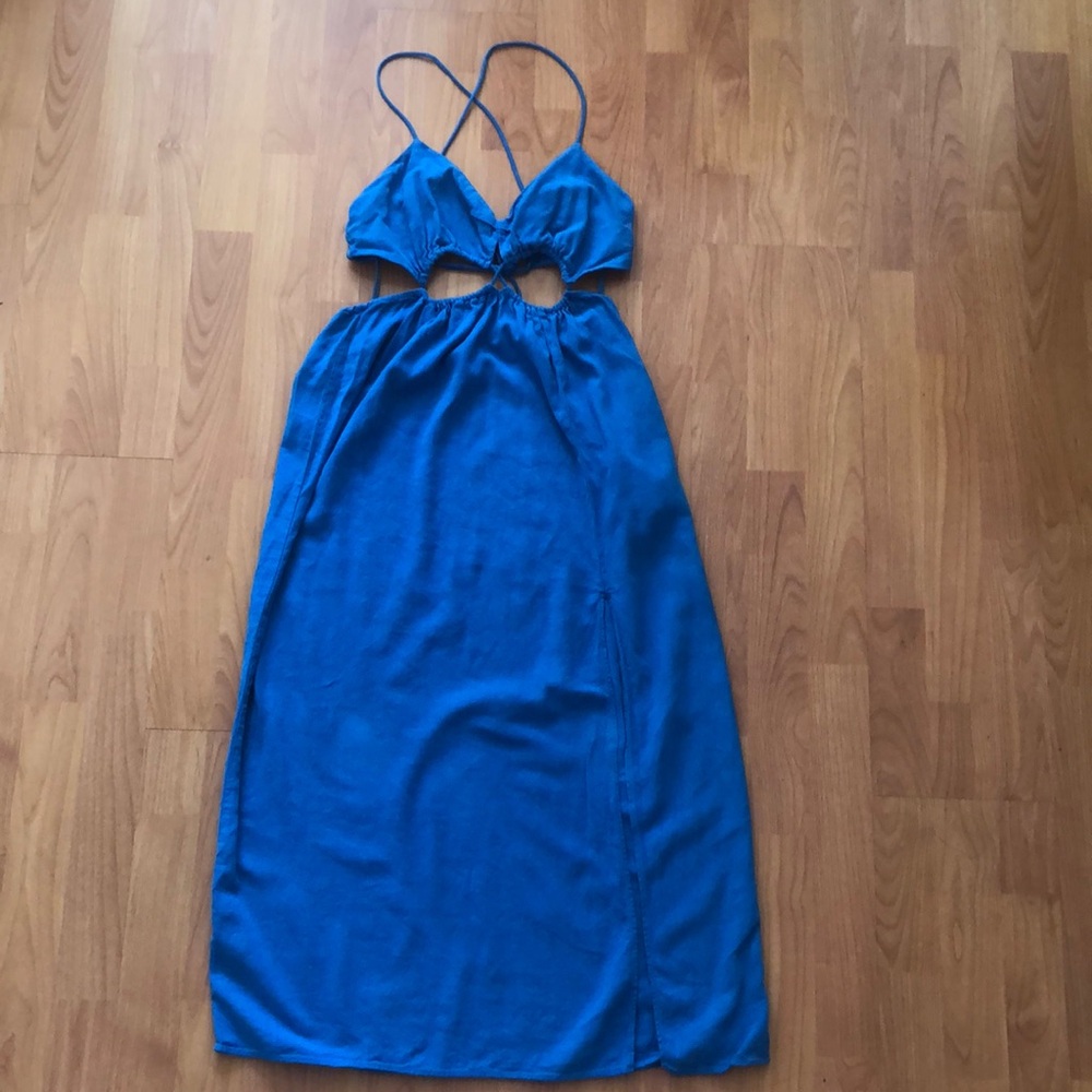 Zara size Medium Blue Linen Cutout dress.